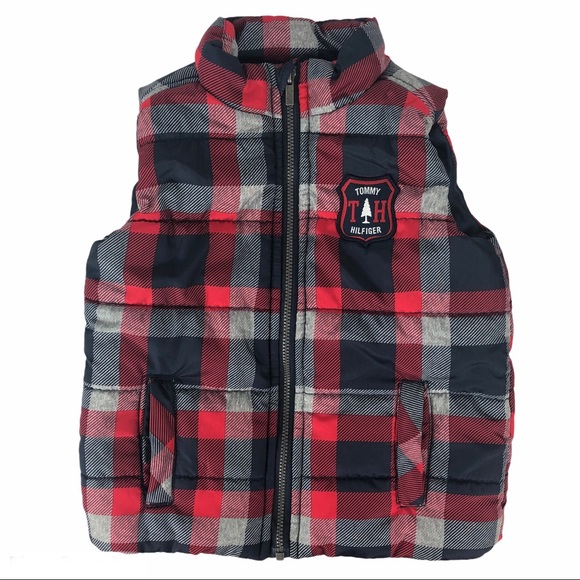 Tommy Hilfiger Puffer Vest Red Blue Grey 24 Months - Picture 1 of 9
